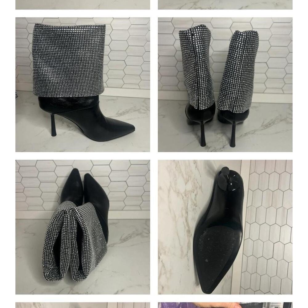 Rhinestone Fold Over Stiletto Boots Women’s 9 Black Crystal Glam Heels